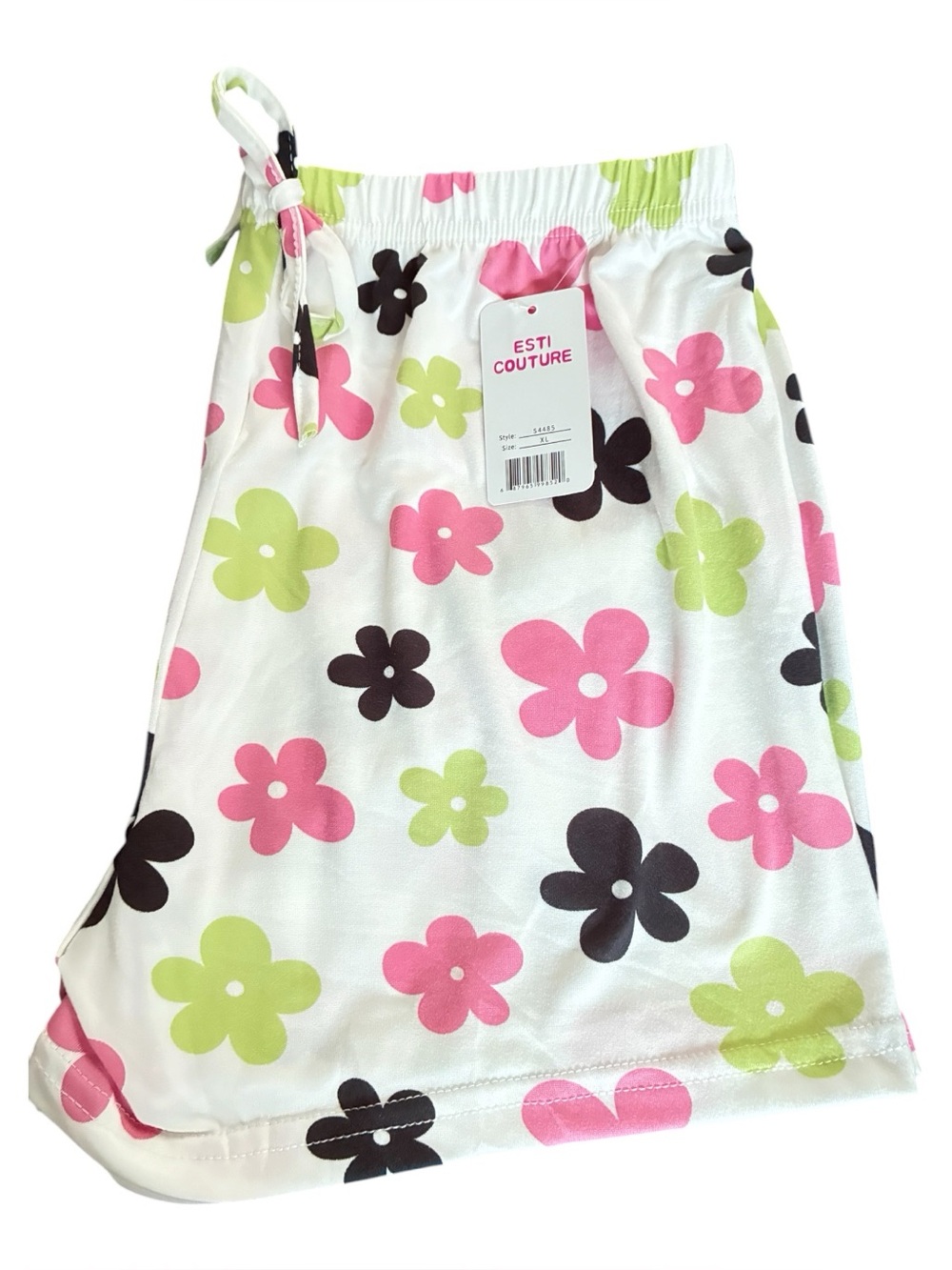 ESTI COUTURE Floral Drawstring Shorts - White with Pink, Green & Black Flowers